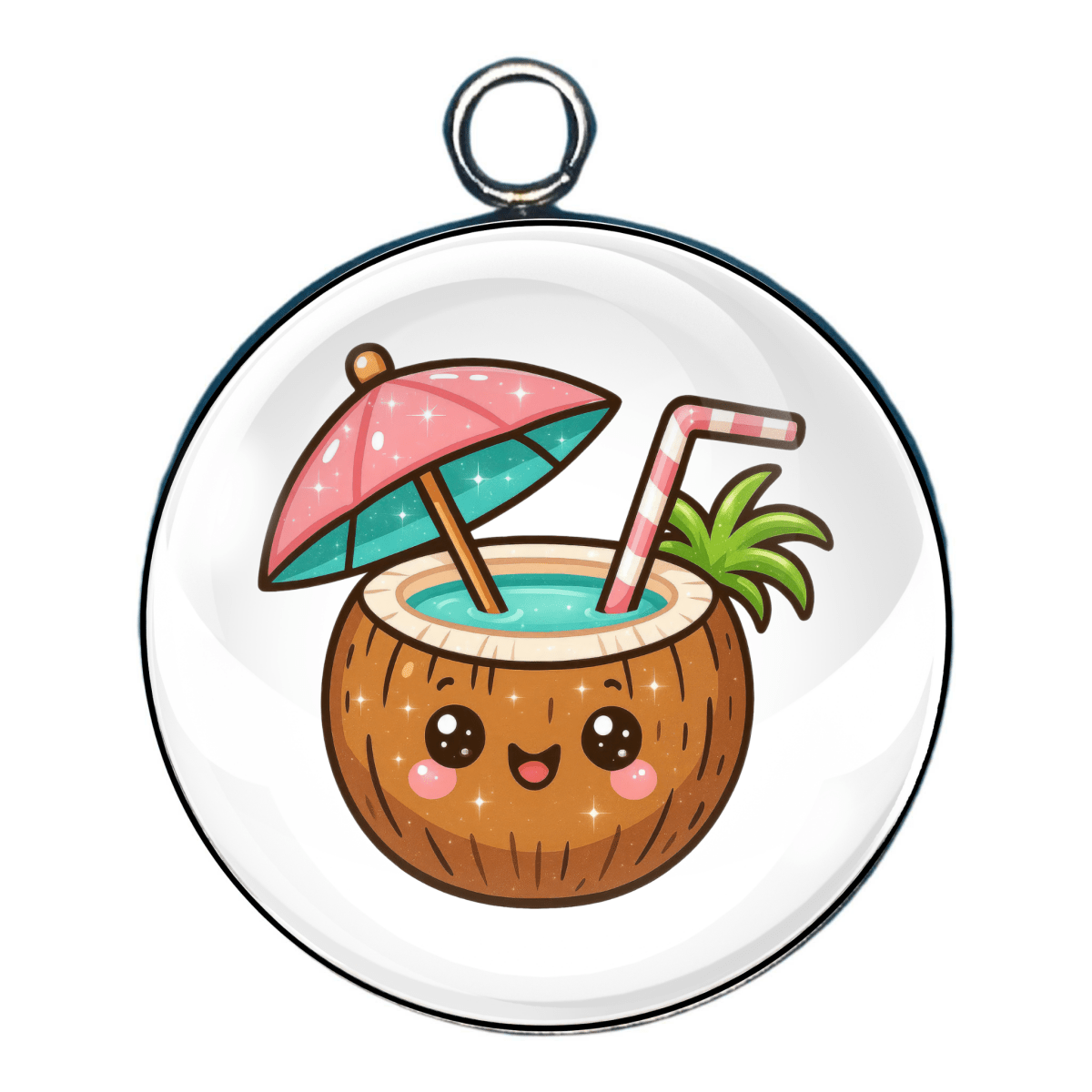 Smiling coconut drink charm with umbrella and straws