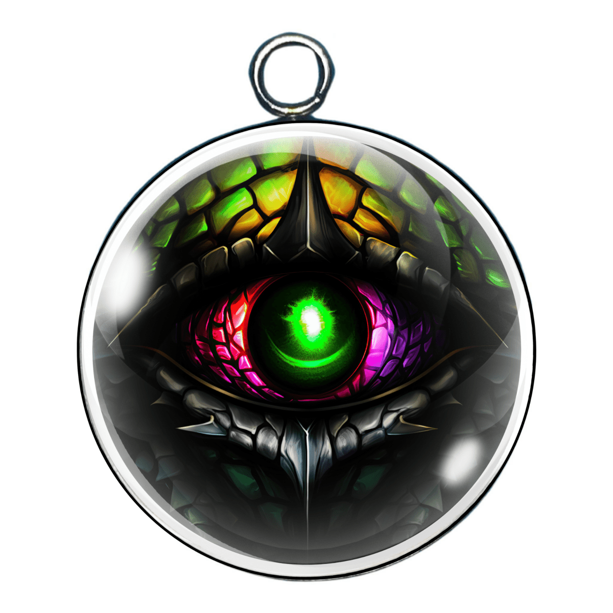 "Charm 9 โ A glowing lime-green eye with bronze and black dragon-like texture."