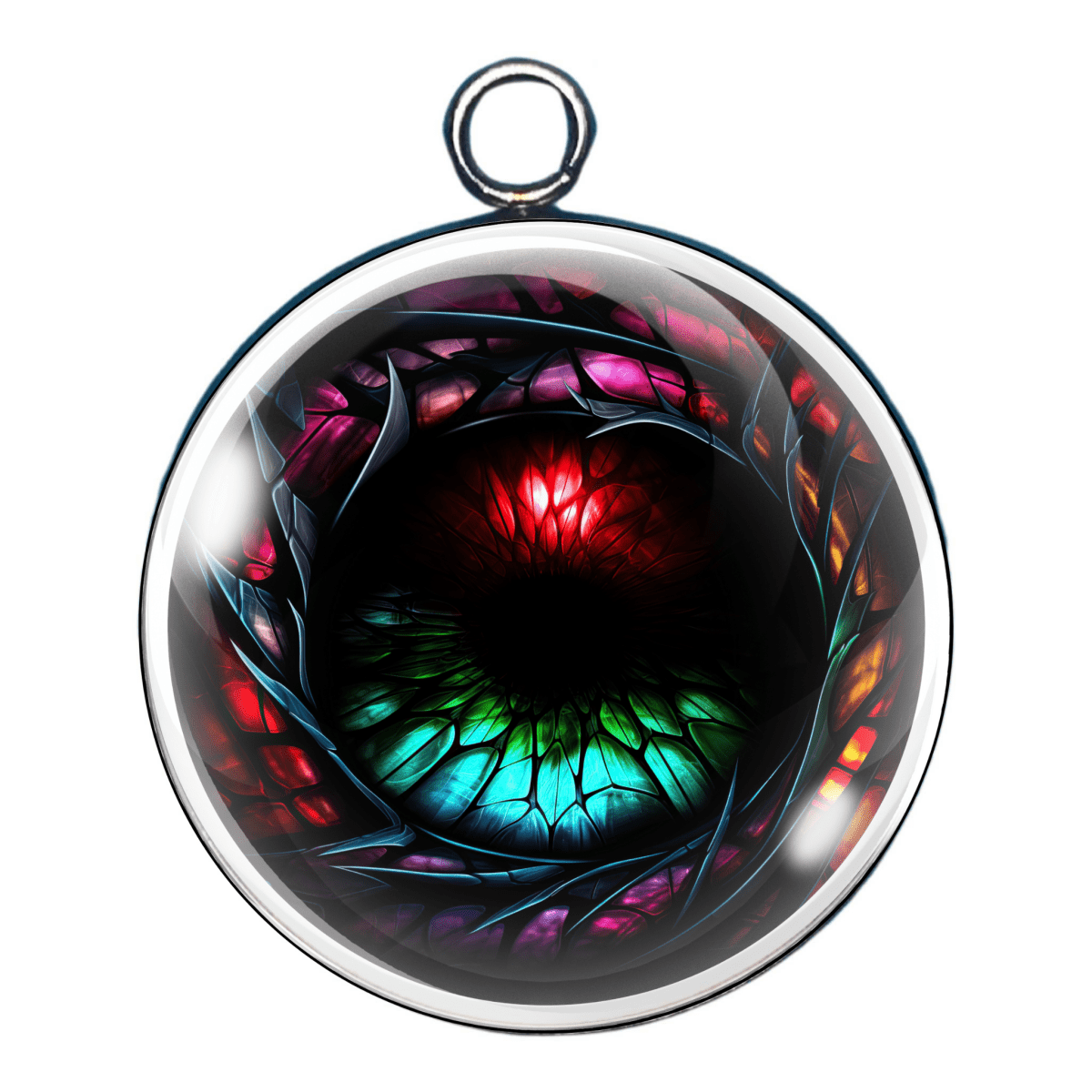 "Charm 1 โ A glowing green and red dragon eye with swirling detail in a deep multicolor iris."