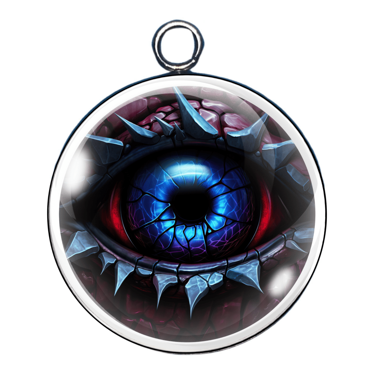 "Charm 7 โ A piercing blue dragon eye with dark pink undertones and jagged scales."