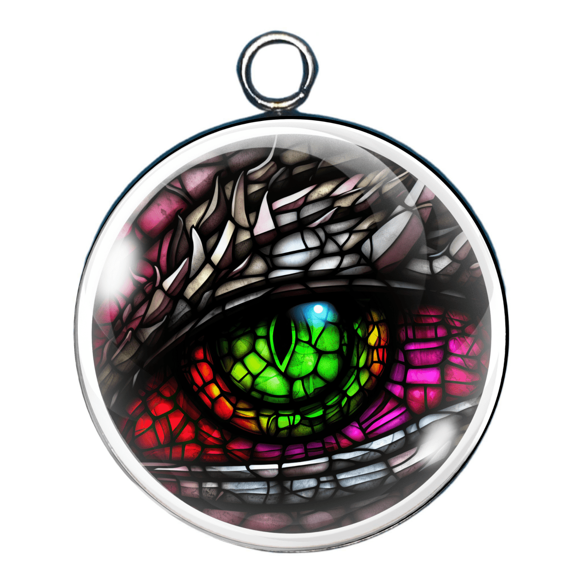 "Charm 6 โ A neon green and red eye with cracked silver and black scales."