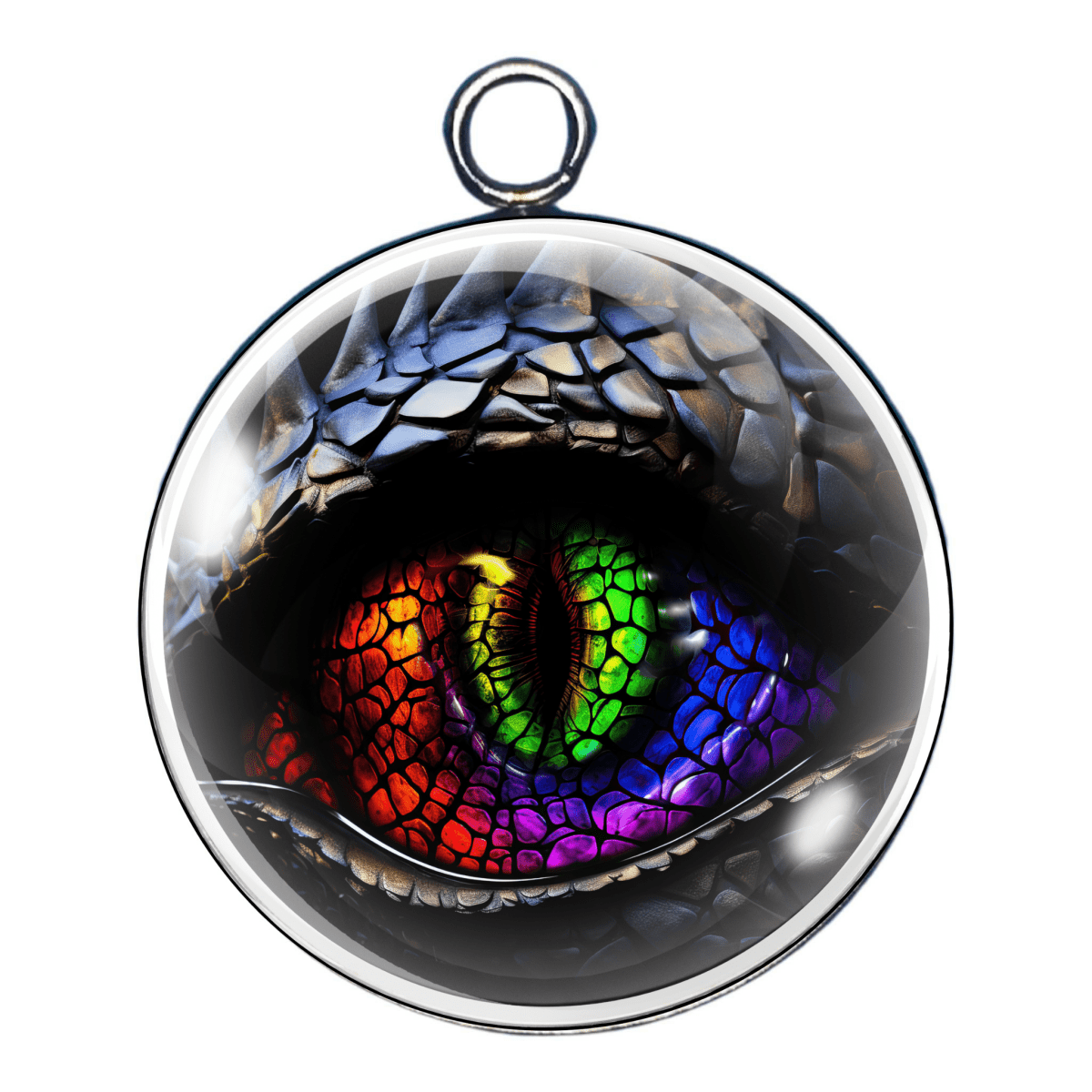 "Charm 4 โ A rainbow-toned dragon eye with black and silver scales."