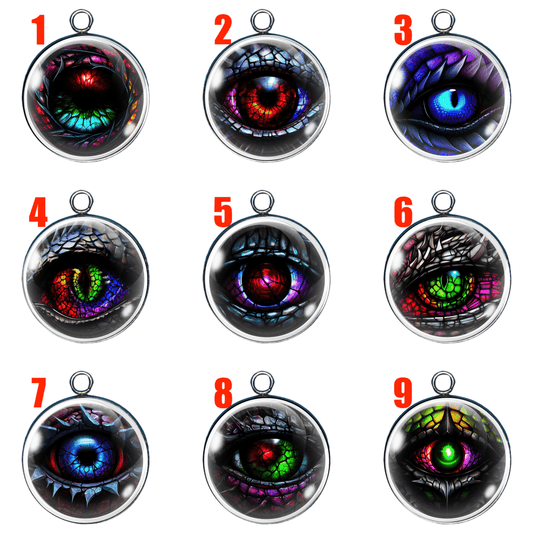 Nine dragon eye glass cabochon charms numbered 1 to 9, each with a unique colorful reptilian eye design in a silver round setting.