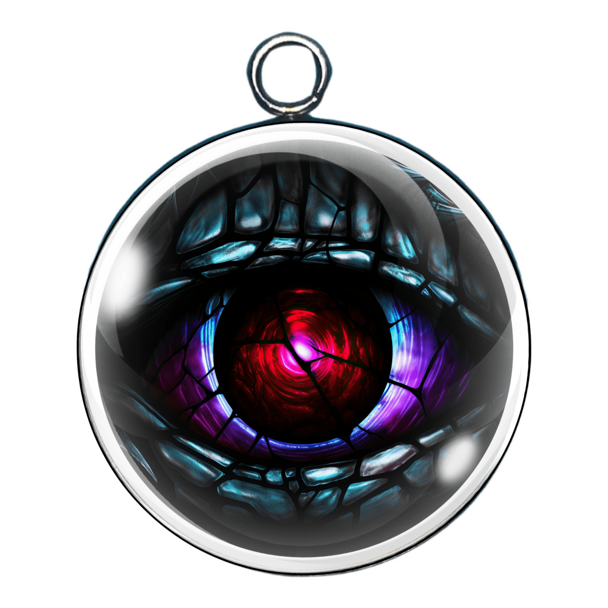 "Charm 5 โ A glowing magenta eye with teal-blue scale texture."