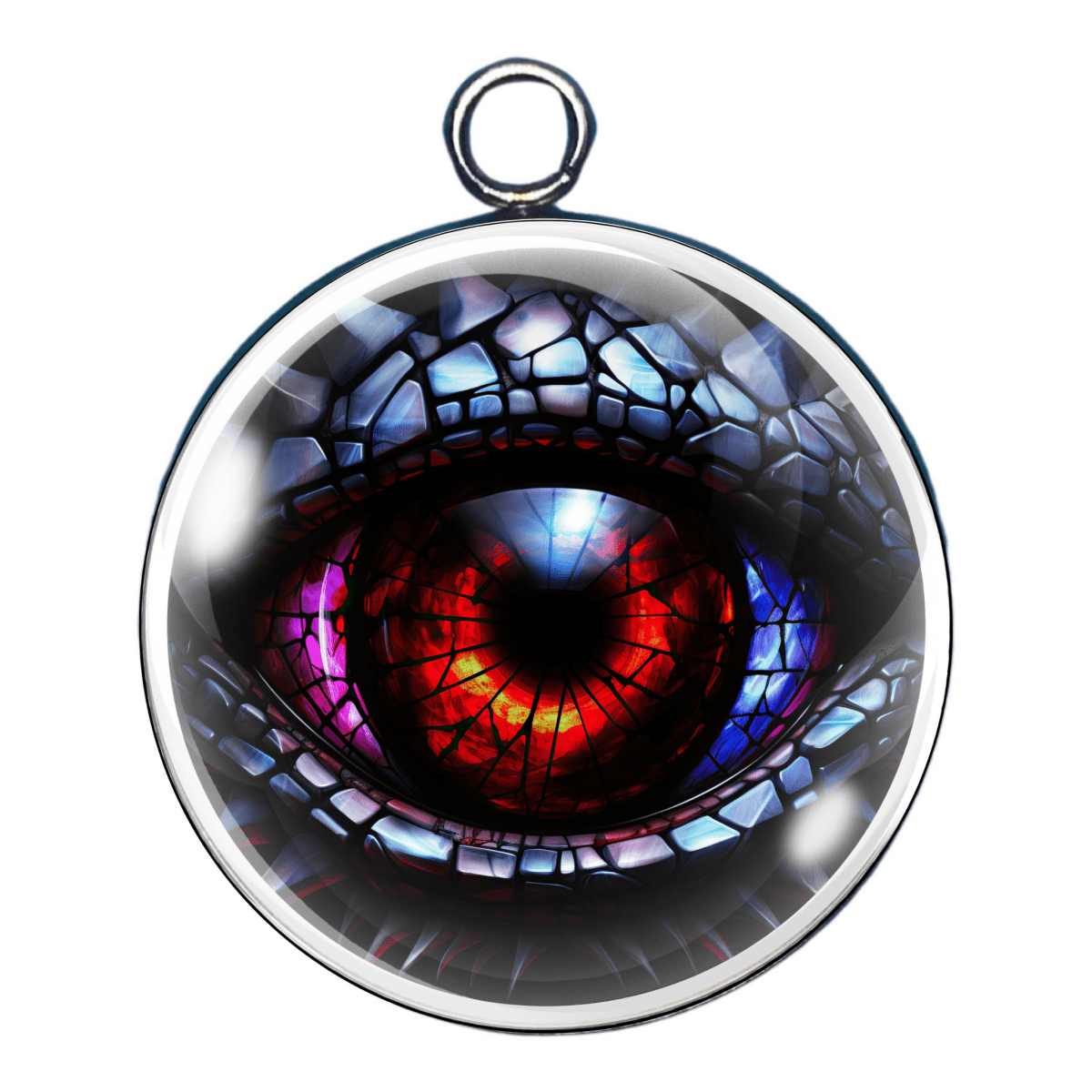 "Charm 2 โ A fiery red dragon eye surrounded by blue-gray reptilian scales."