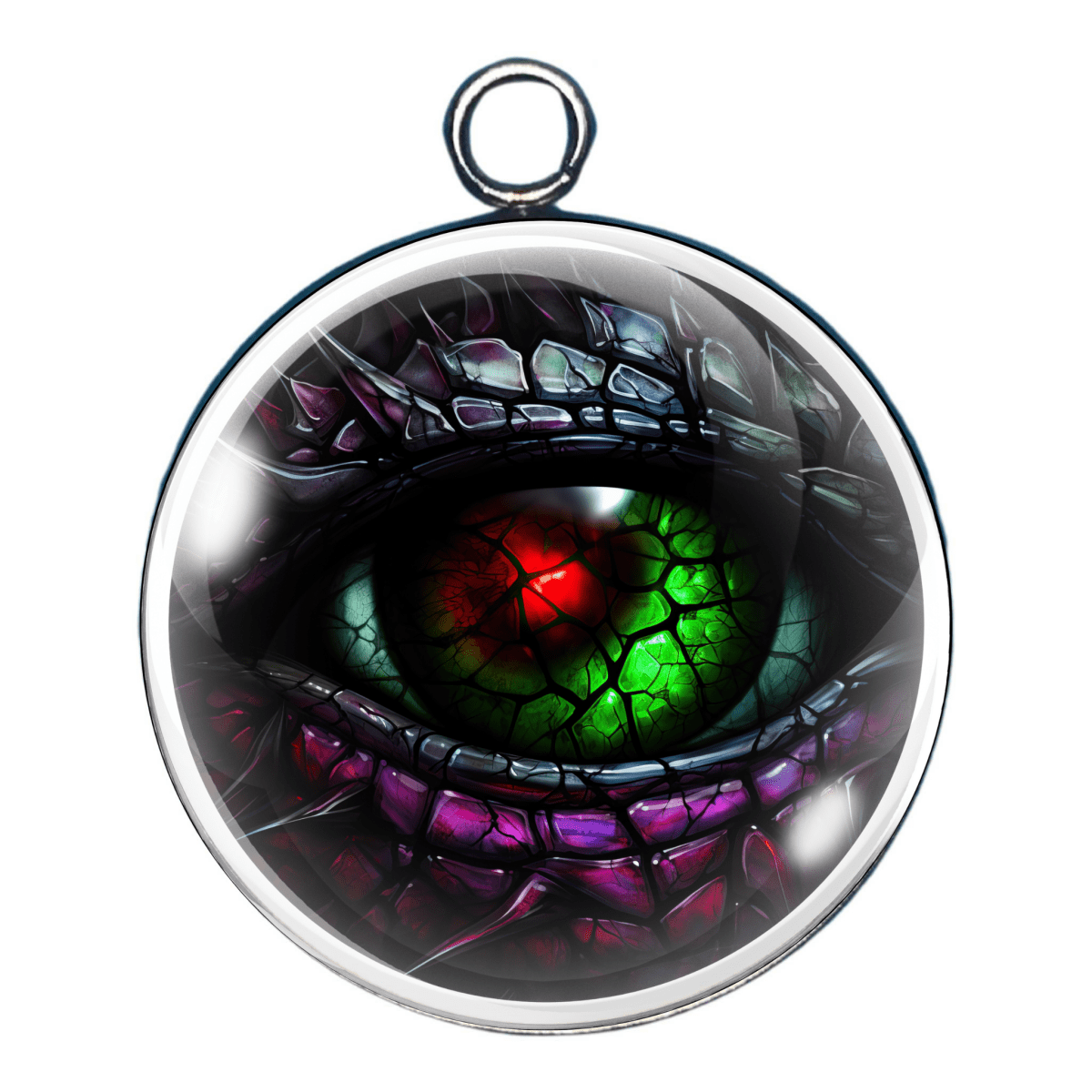 "Charm 8 โ A vibrant green eye surrounded by red and black cracked scales."