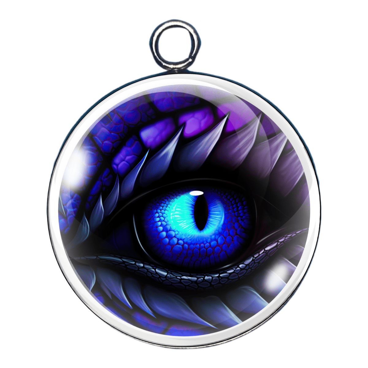 "Charm 3 โ A brilliant icy blue eye with shimmering purple scales."