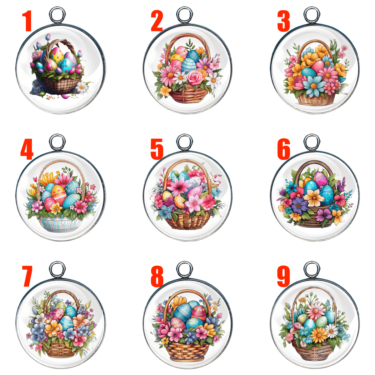 9 Easter Basket Glass Cabochon Charms