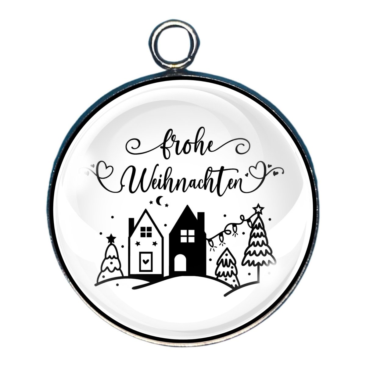 Charm of houses with christmas lights and the german words for merry christmas