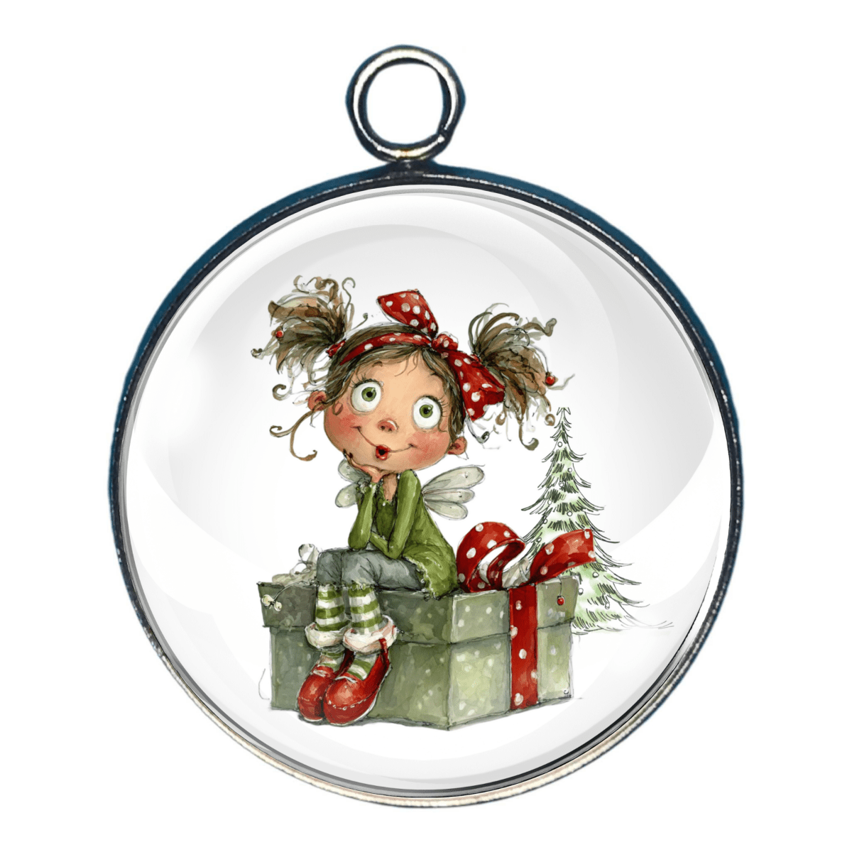 “Fairy sitting on a Christmas gift and small tree.”