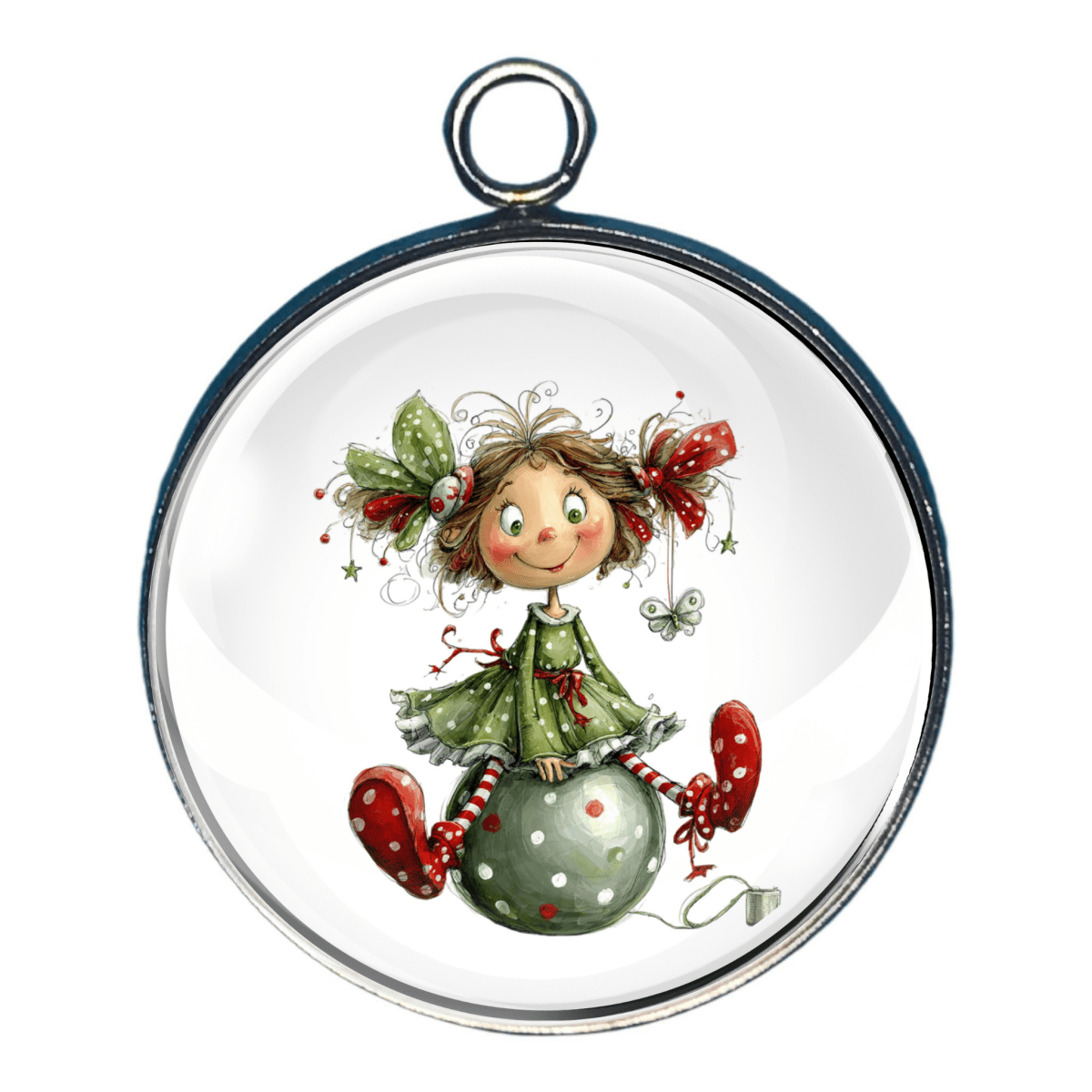 “Fairy sitting on christmas ball decoration.”