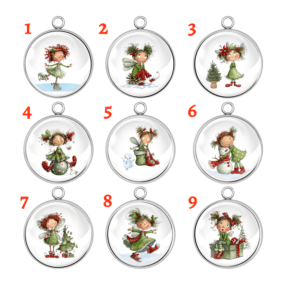 “Group of 9 whimsical Christmas fairy charms in red and green festive outfits.”