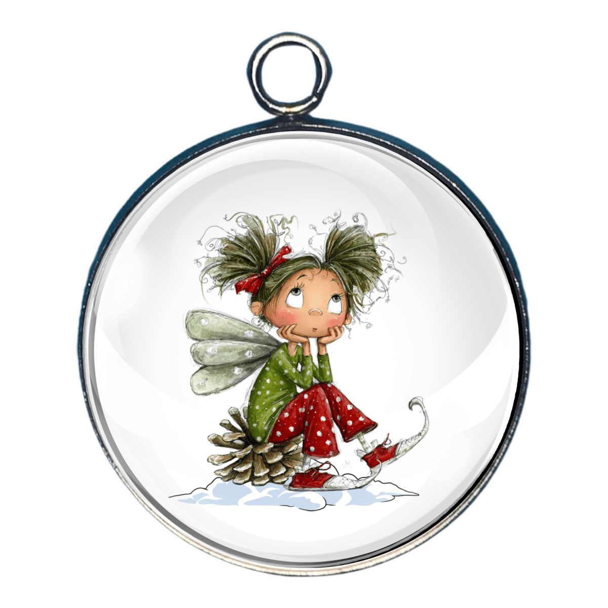 “Christmas fairy sitting on pine cone in the snow"