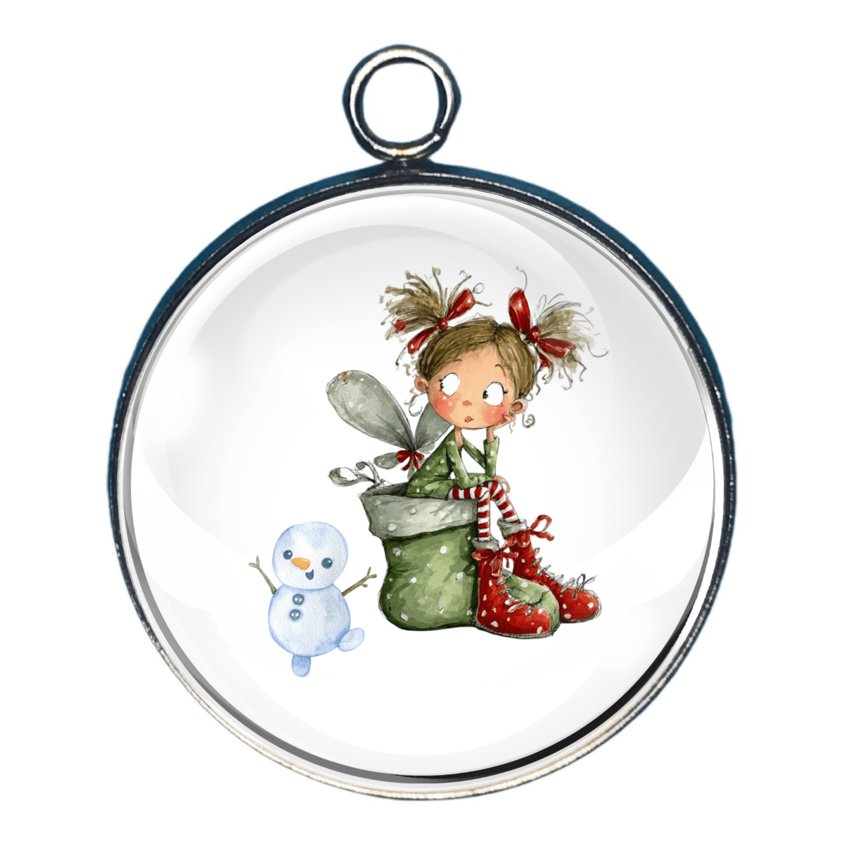 "Fairy sitting on a Christmas Stocking next to a small dancing snowman"