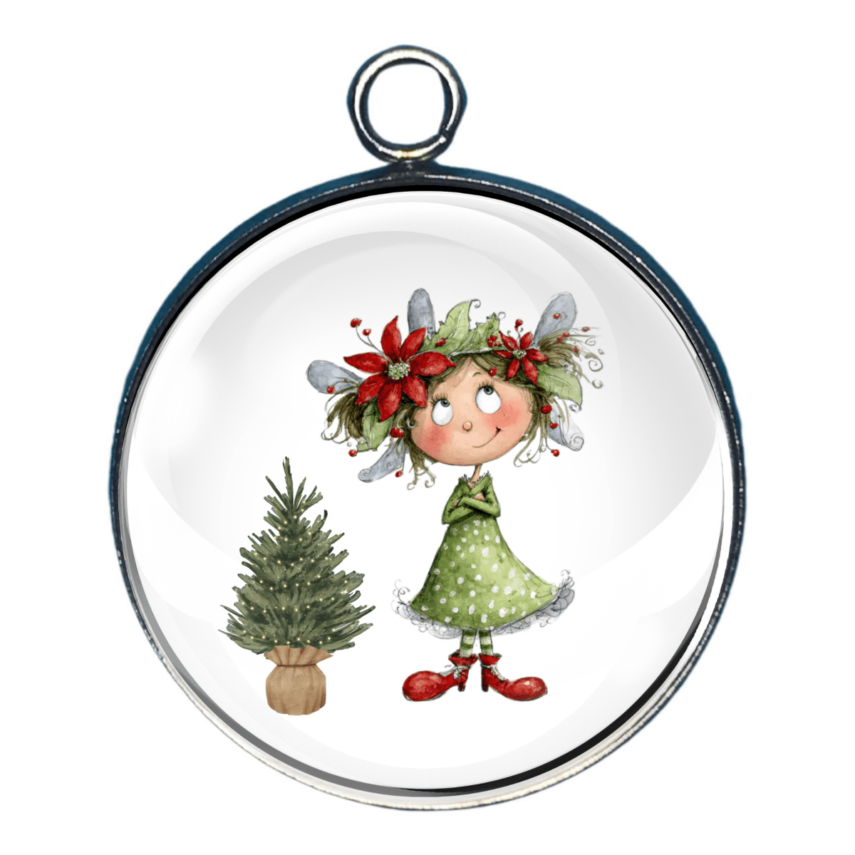 “Fairy standing by a small decorated Christmas tree.”