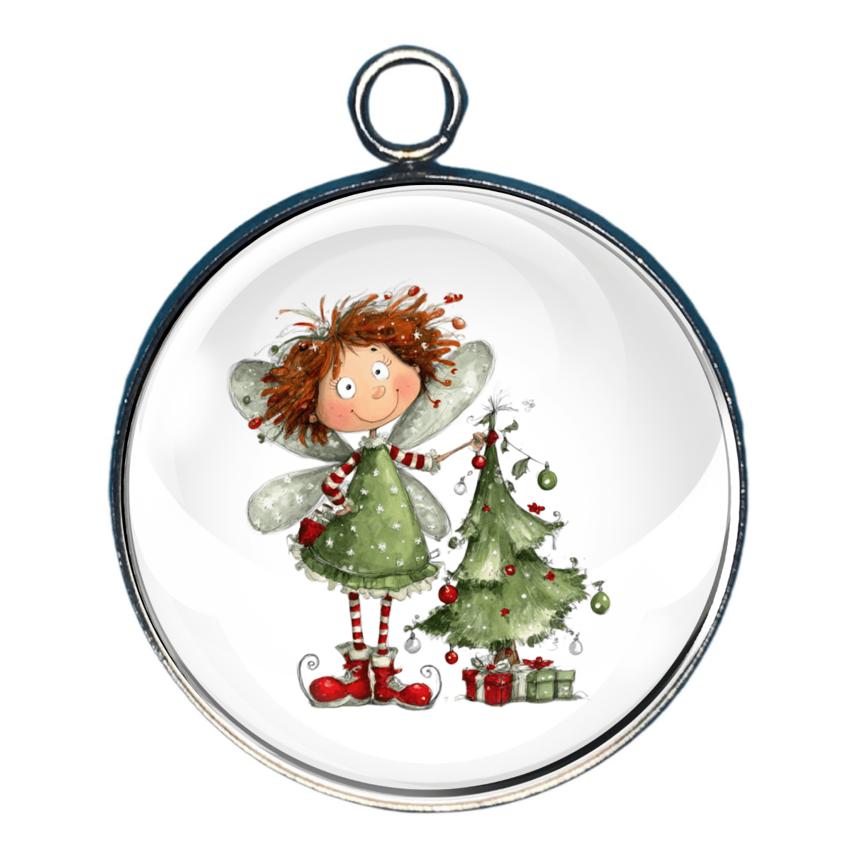 Christmas fairy decorating a christmas tree with tiny presents under it."