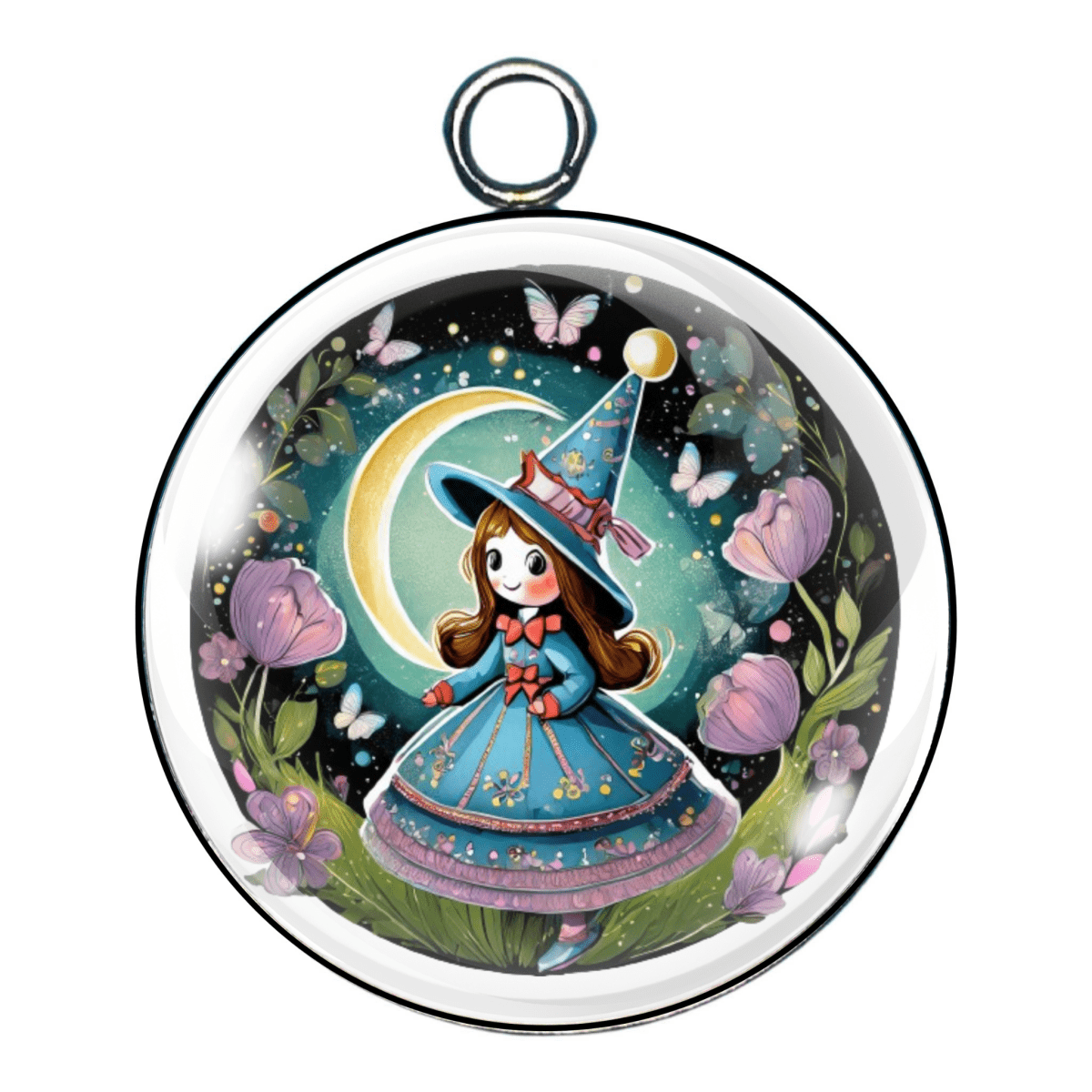 Alice-themed charm of a girl in a blue dress and pointy hat standing in glowing moonlight among giant flowers.