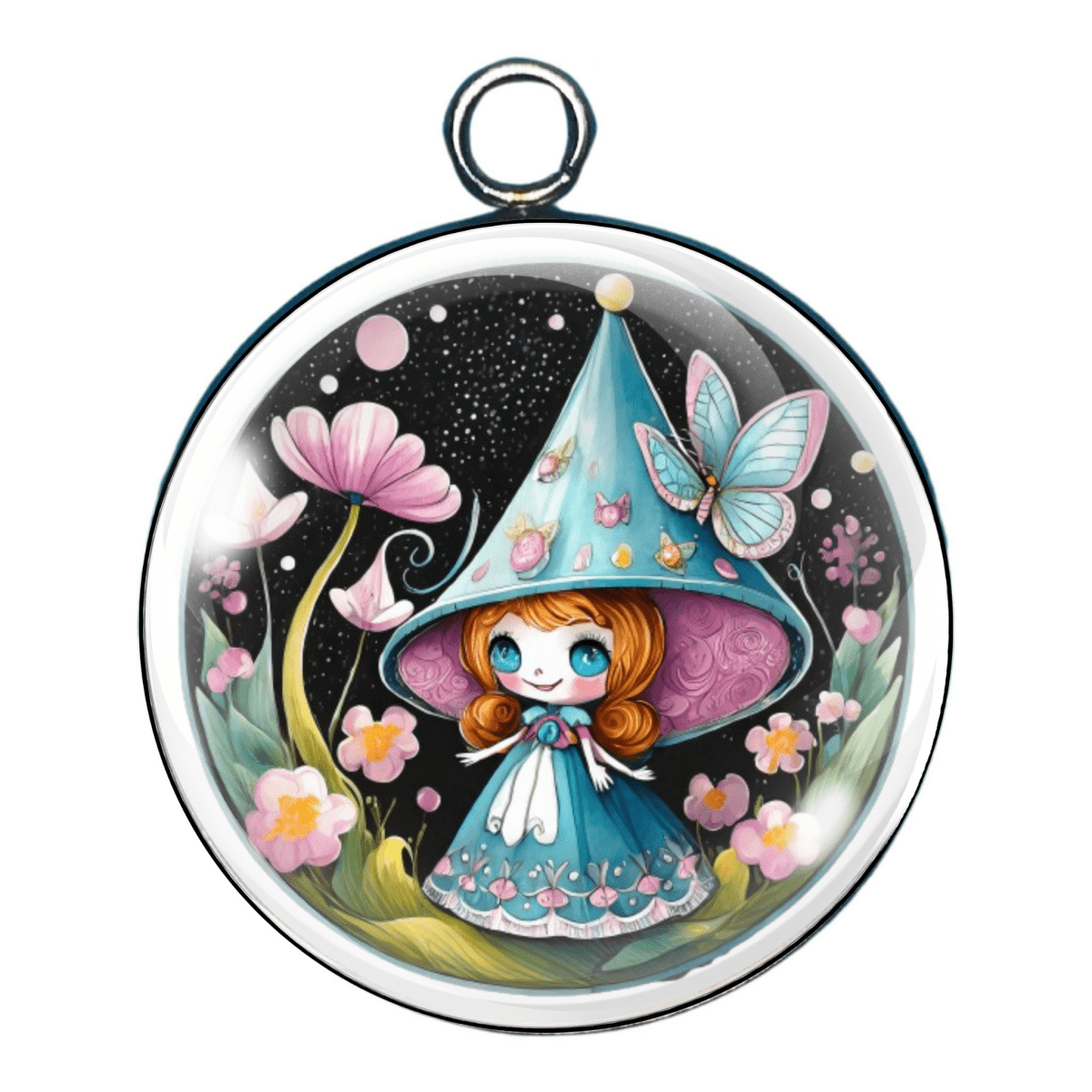 Cabochon charm with a red-haired girl in a floral blue dress and hat, surrounded by butterflies and oversized flora