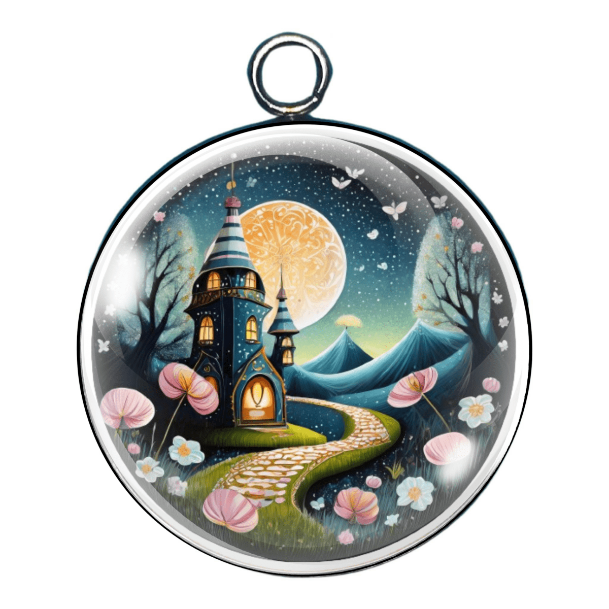 Whimsical enchanted tower charm under a full moon, with a winding path through glowing flowers.