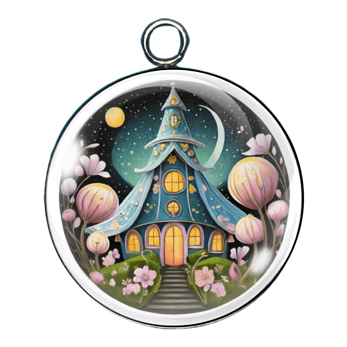 Fantasy charm featuring a magical pastel mushroom house surrounded by glowing stars and floral gardens.