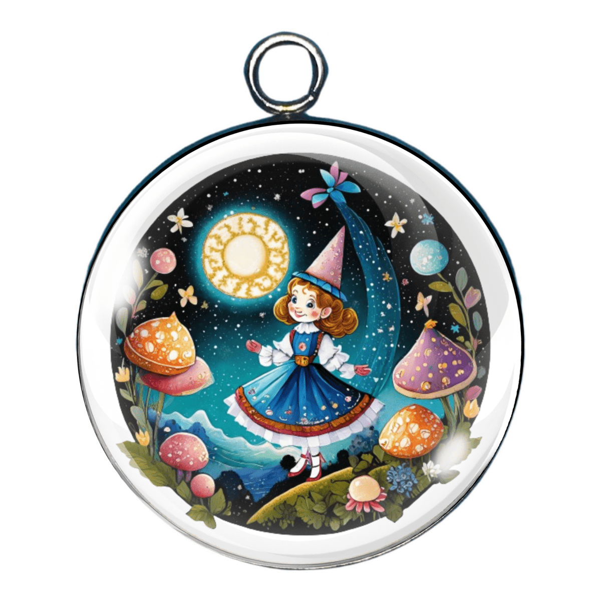 "Playful Alice-style charm of a girl in a starry blue dress standing in space with planets and clocks around her.
