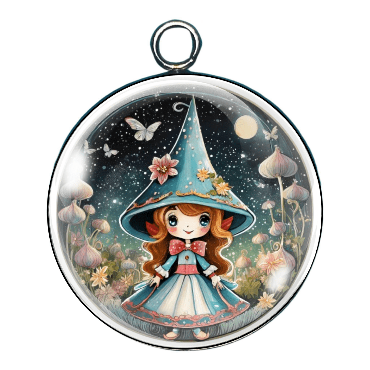 Glass charm with a red-haired girl in a blue hat and dress surrounded by butterflies and magical flowers.