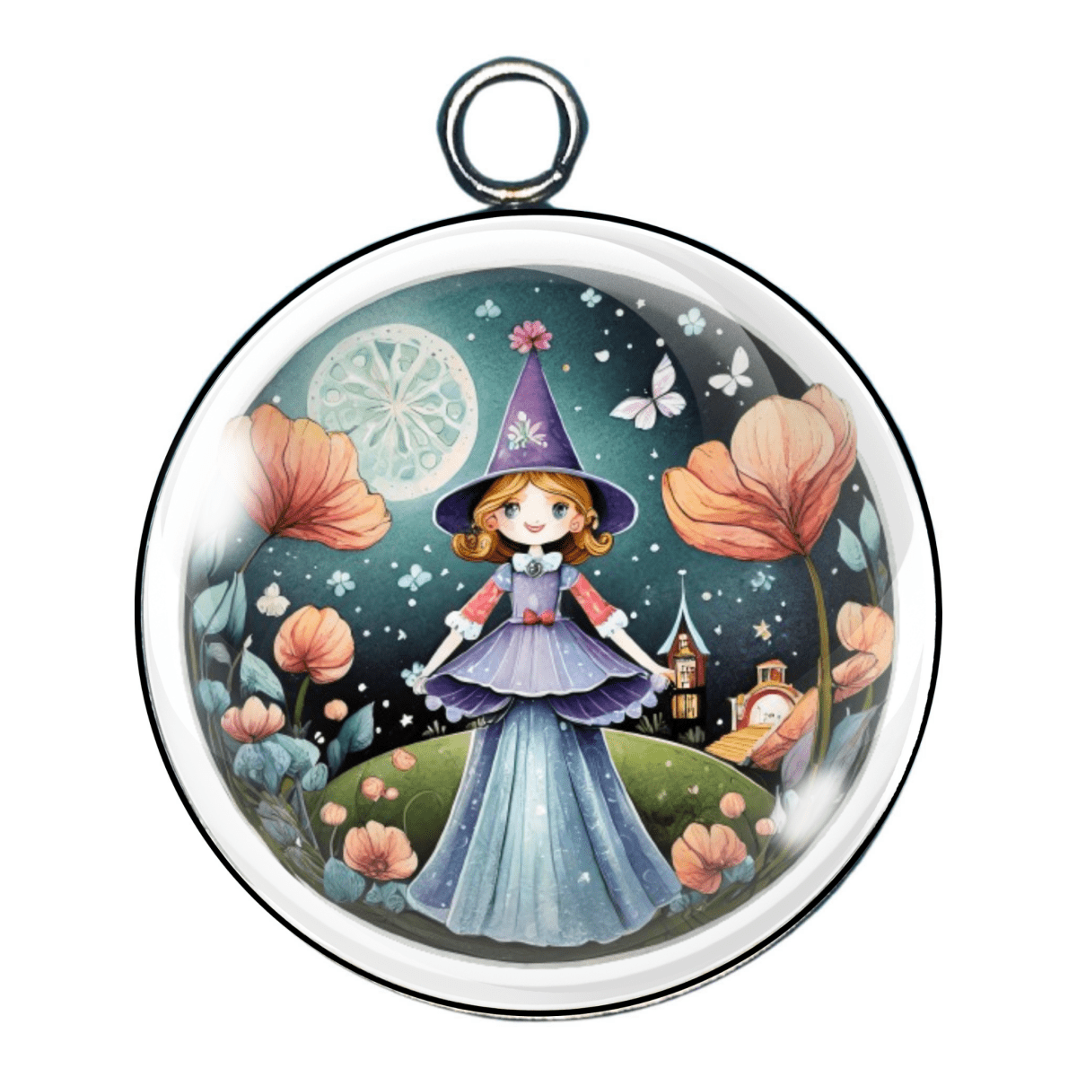 Cute witchy charm with a girl in a purple hat and dress standing among magical plants and pastel-colored blooms.
