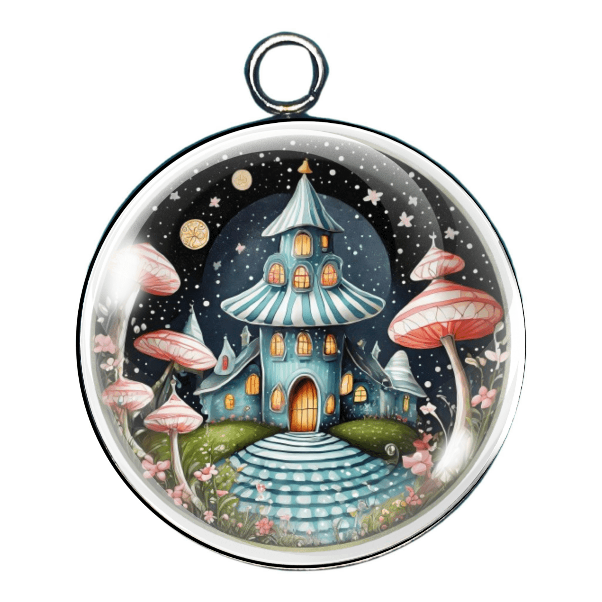 Glass cabochon charm featuring a whimsical mushroom house under a starry sky with pink mushrooms and a glowing doorway