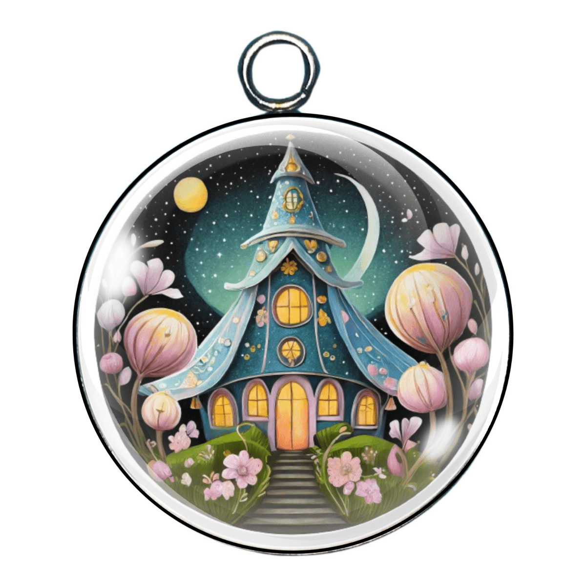 Fantasy-style mushroom house charm with rounded windows and dreamy pink and white flowers in the foreground.