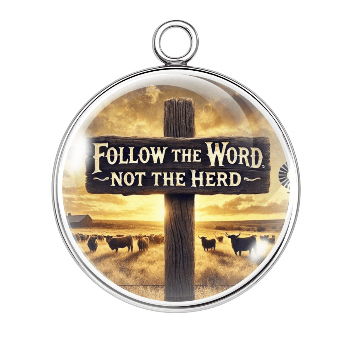 Pendant with cross and 'Follow the Word, Not the Herd' sign in a pastoral setting
