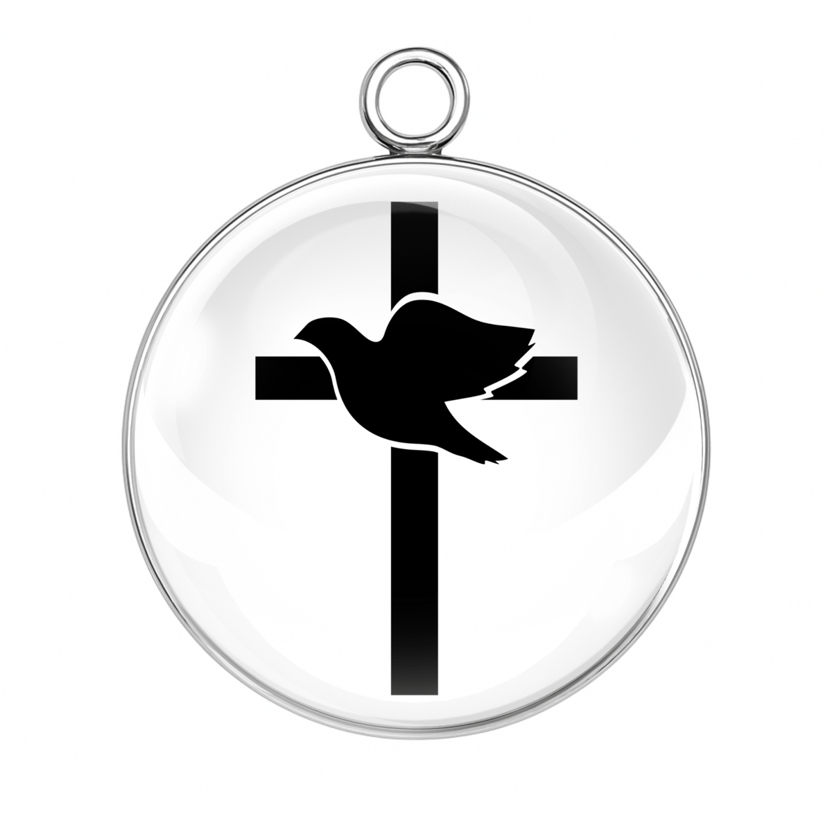 Pendant with a black cross and dove design on a clear background