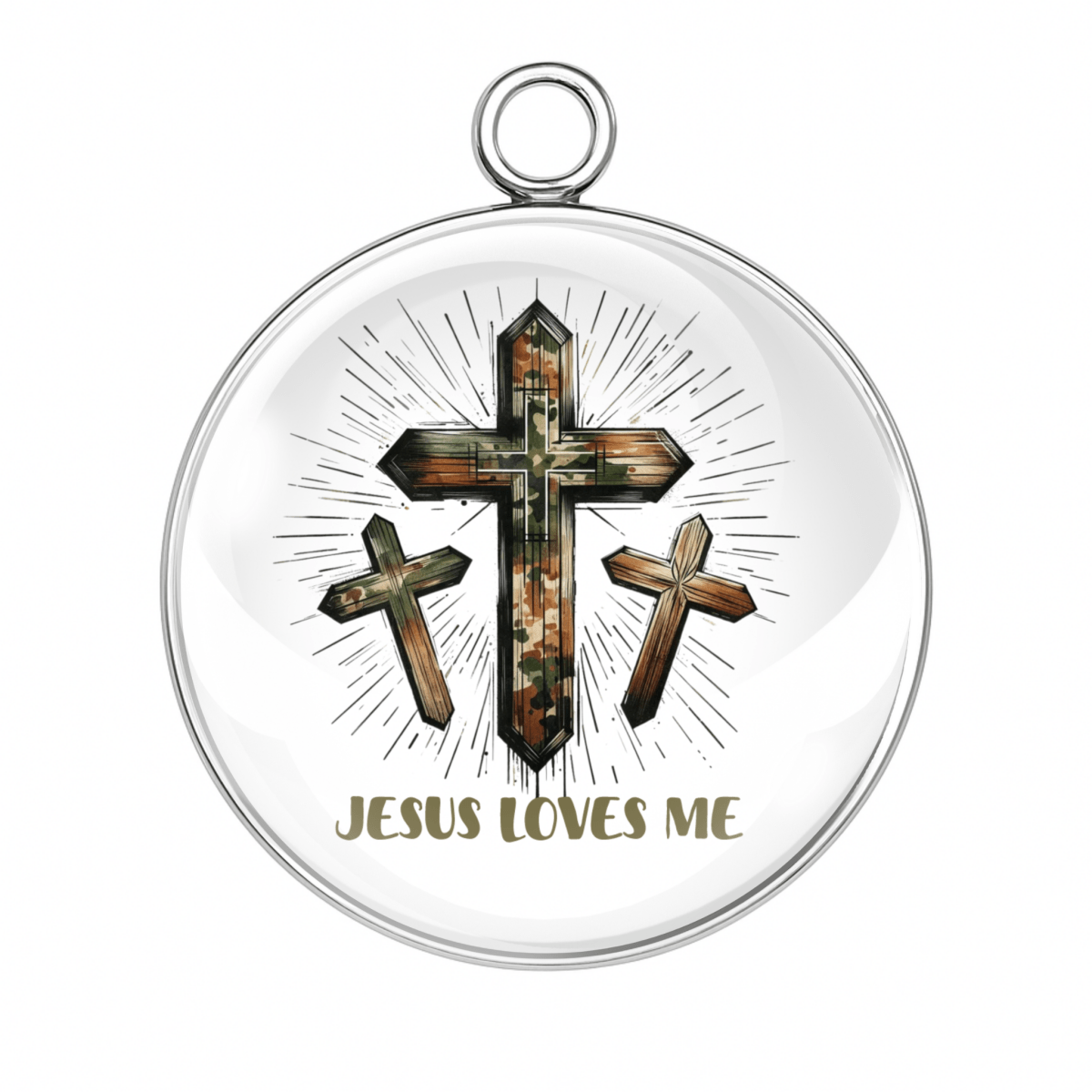 Pendant with cross design and 'Jesus Loves Me' text on a white background