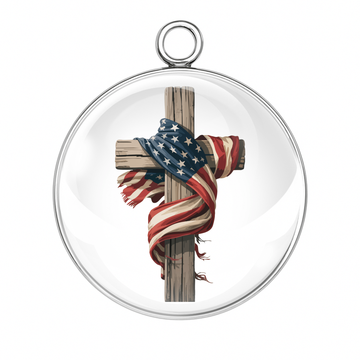 Wooden cross with American flag design inside a clear circular frame on a white background