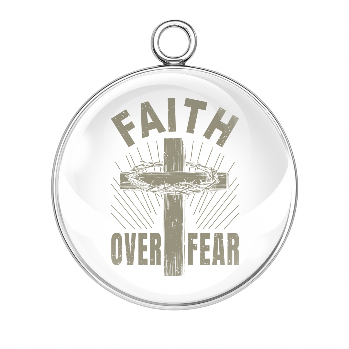 Pendant with 'Faith Over Fear' text and cross design on a white background
