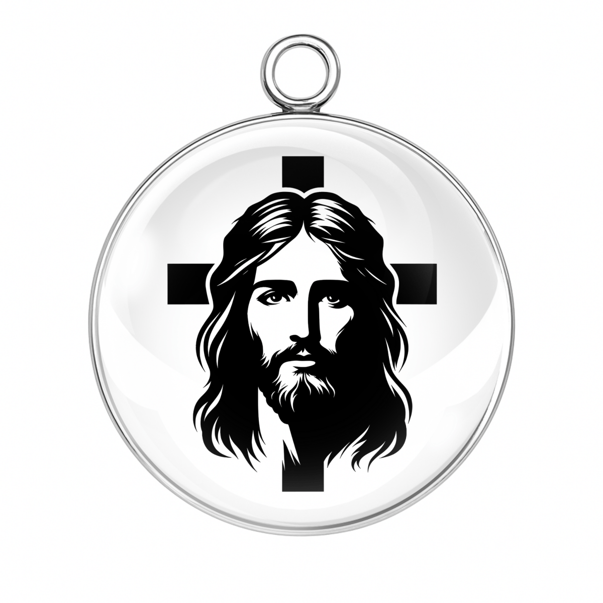 Pendant with black and white illustration of a bearded figure on a cross, on a white background