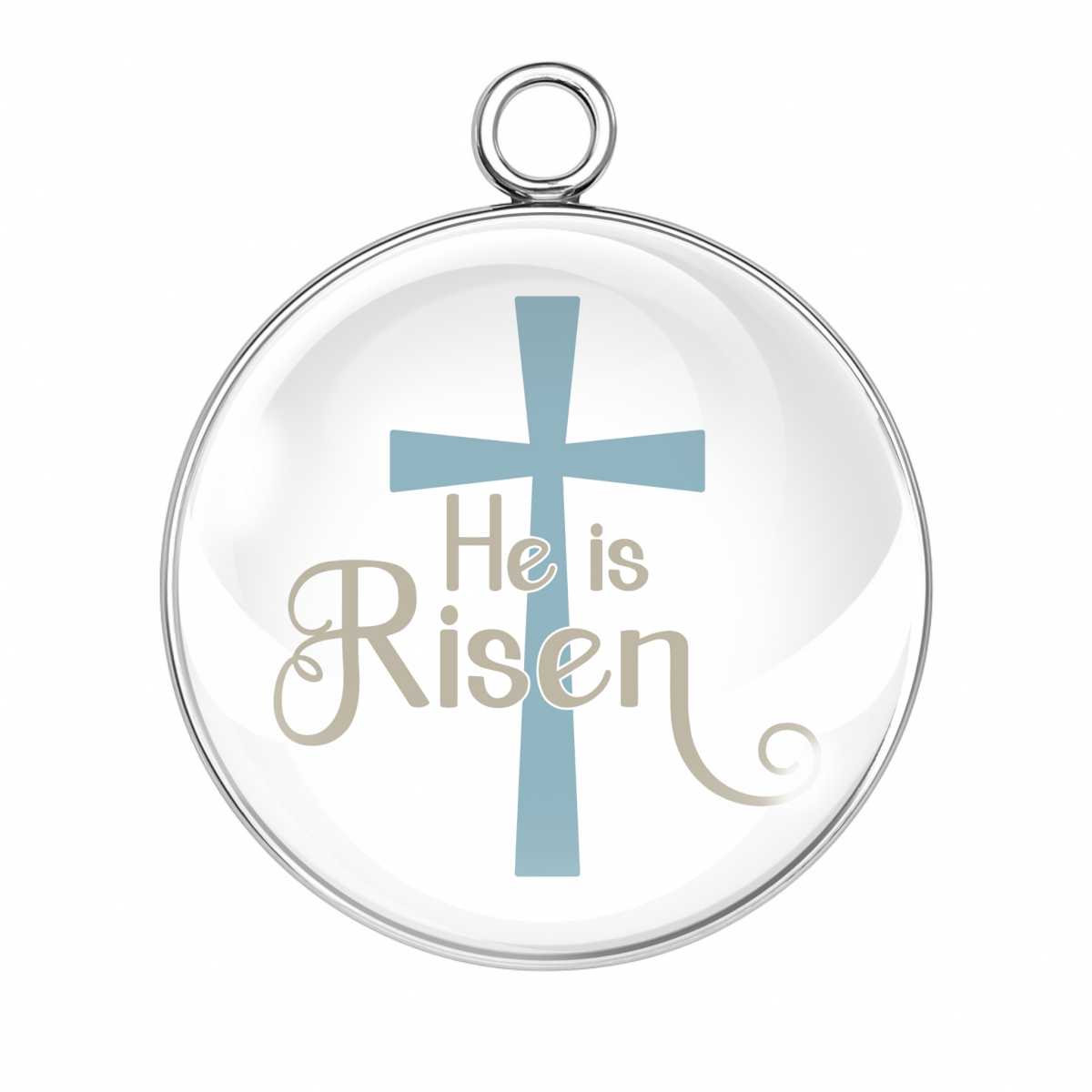 Pendant with blue cross and 'He is Risen' text on a white background