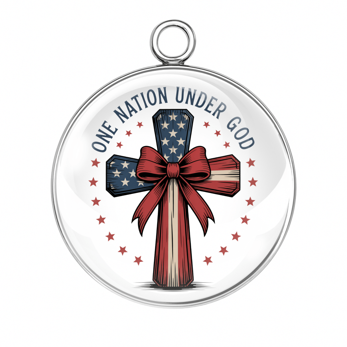 Circular pendant with American flag design and 'One Nation Under God' text on a white background