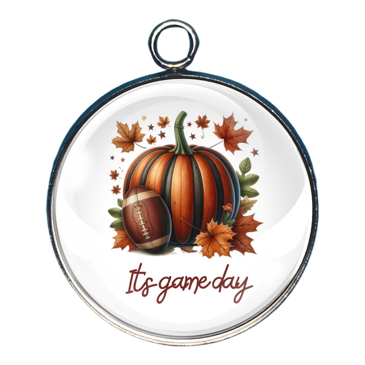 charm of a pumpkin and a football with the words 'its game day'