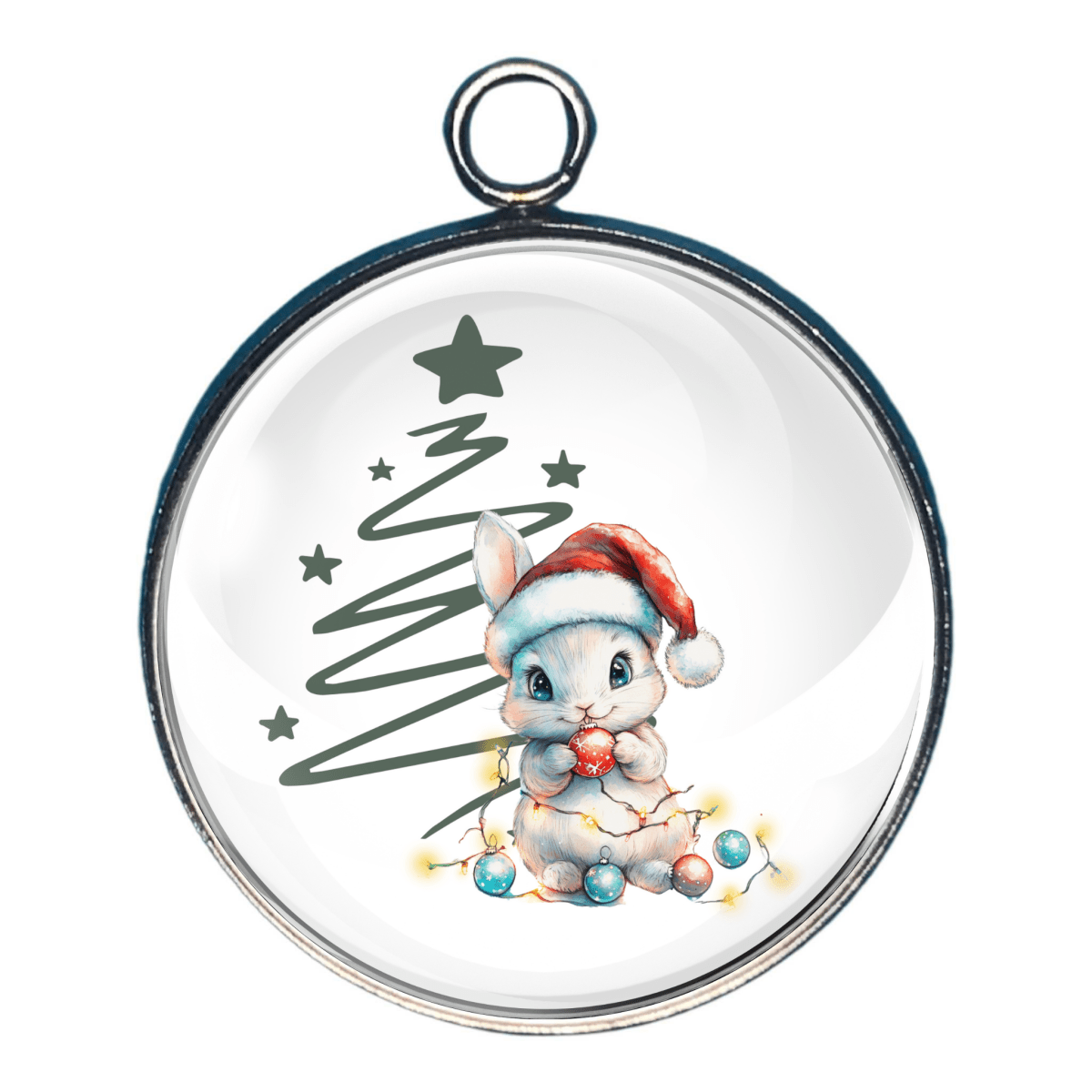 Charm of a bunny wearing a santa hat and decorations, sitting beside a green Christmas tree sketch.