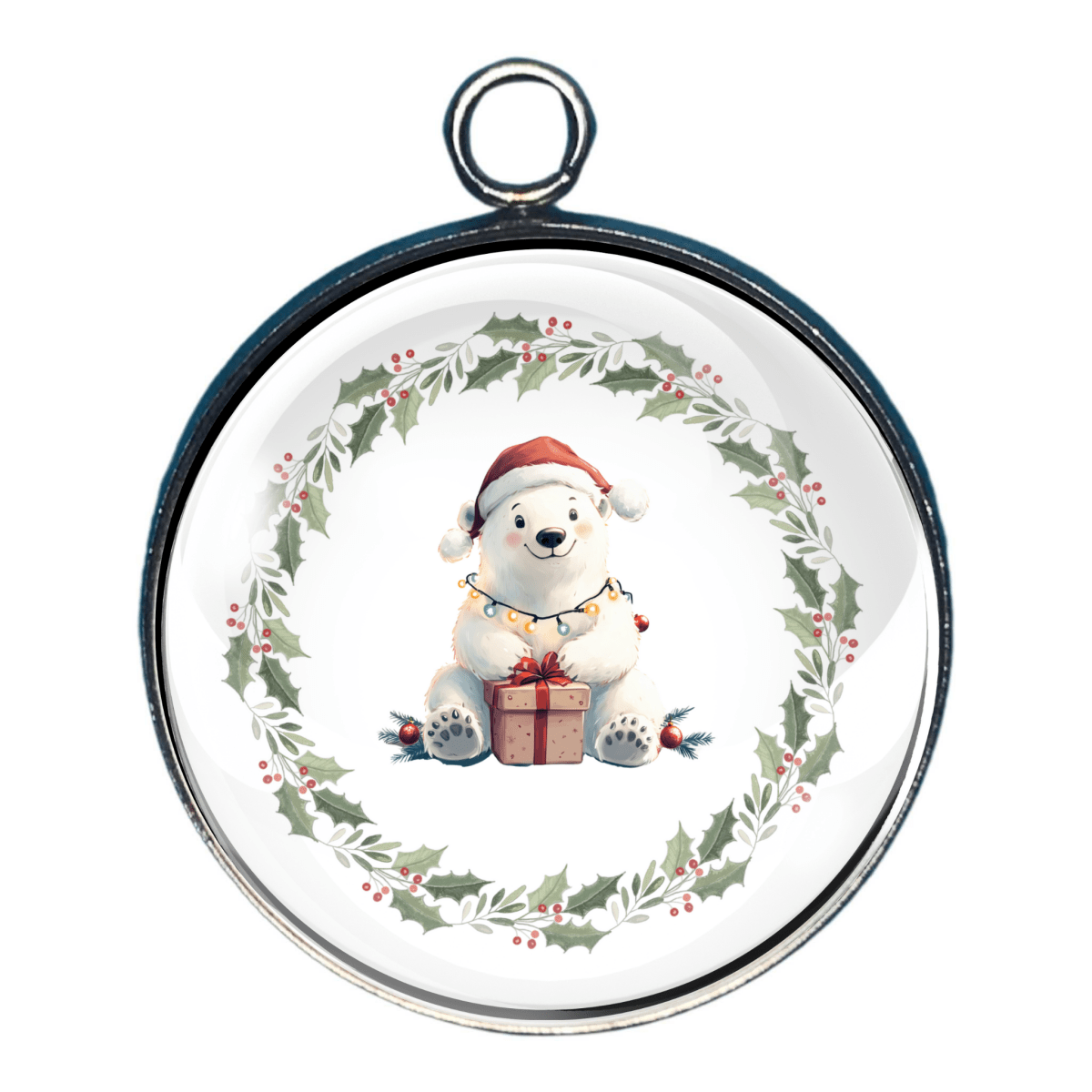 Charm with white polar bear in Santa hat framed by holiday greenery.