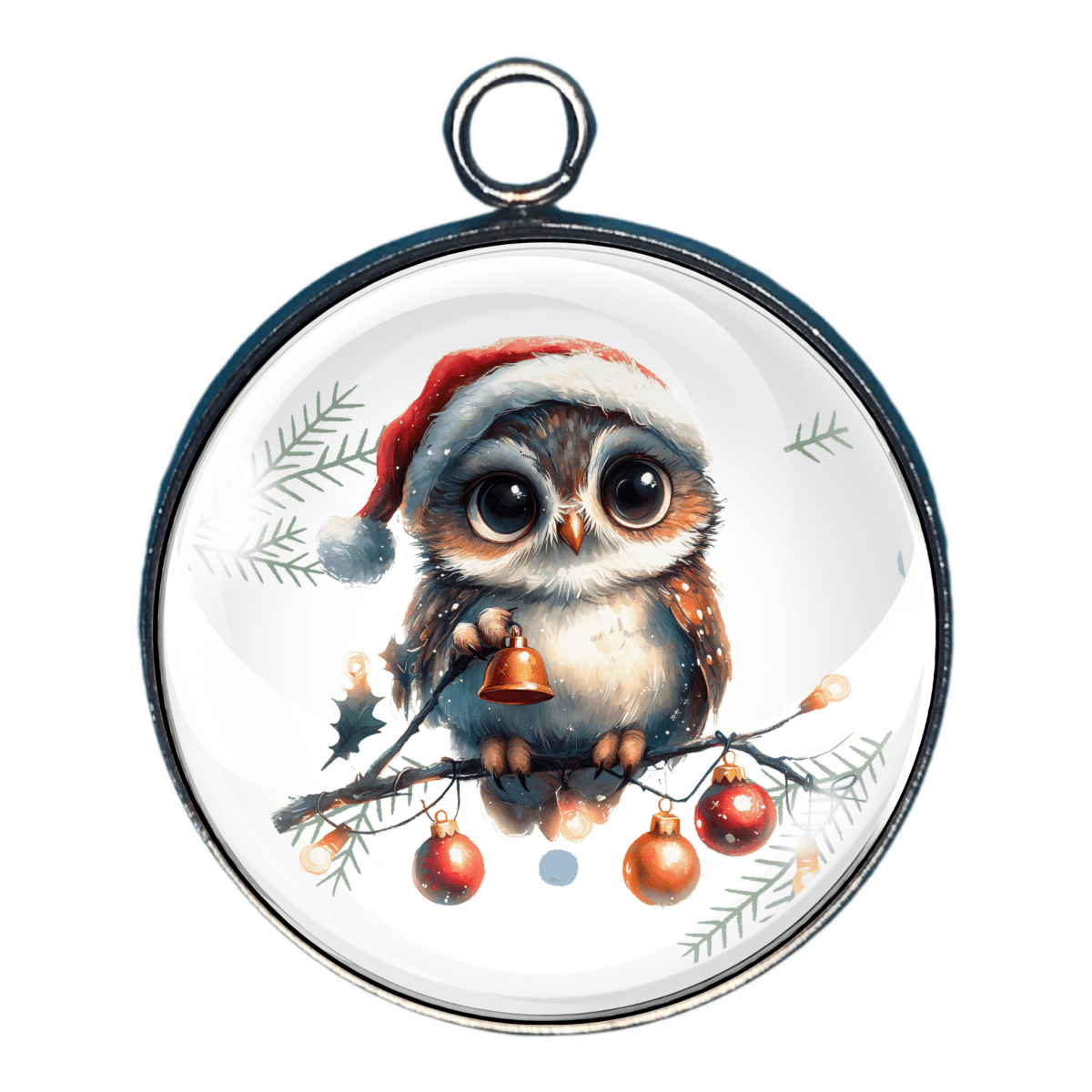 Charm with owl wearing Santa hat holding red ornaments.