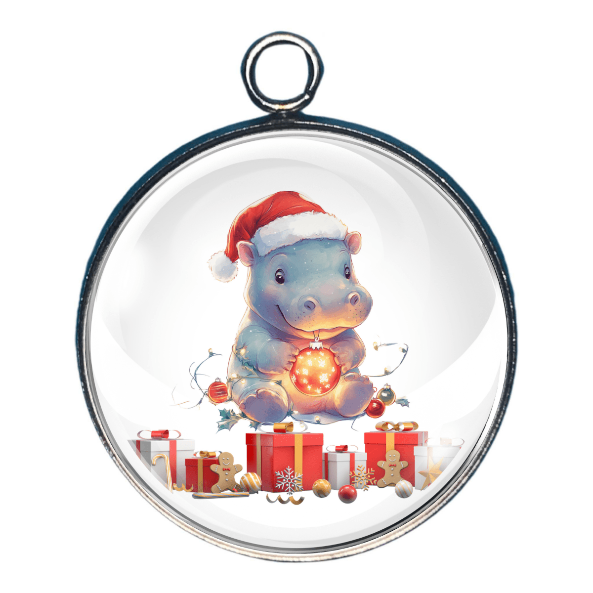Charm of a Hippopotamus wearing a Santa hat with Christmas presents and decorations.