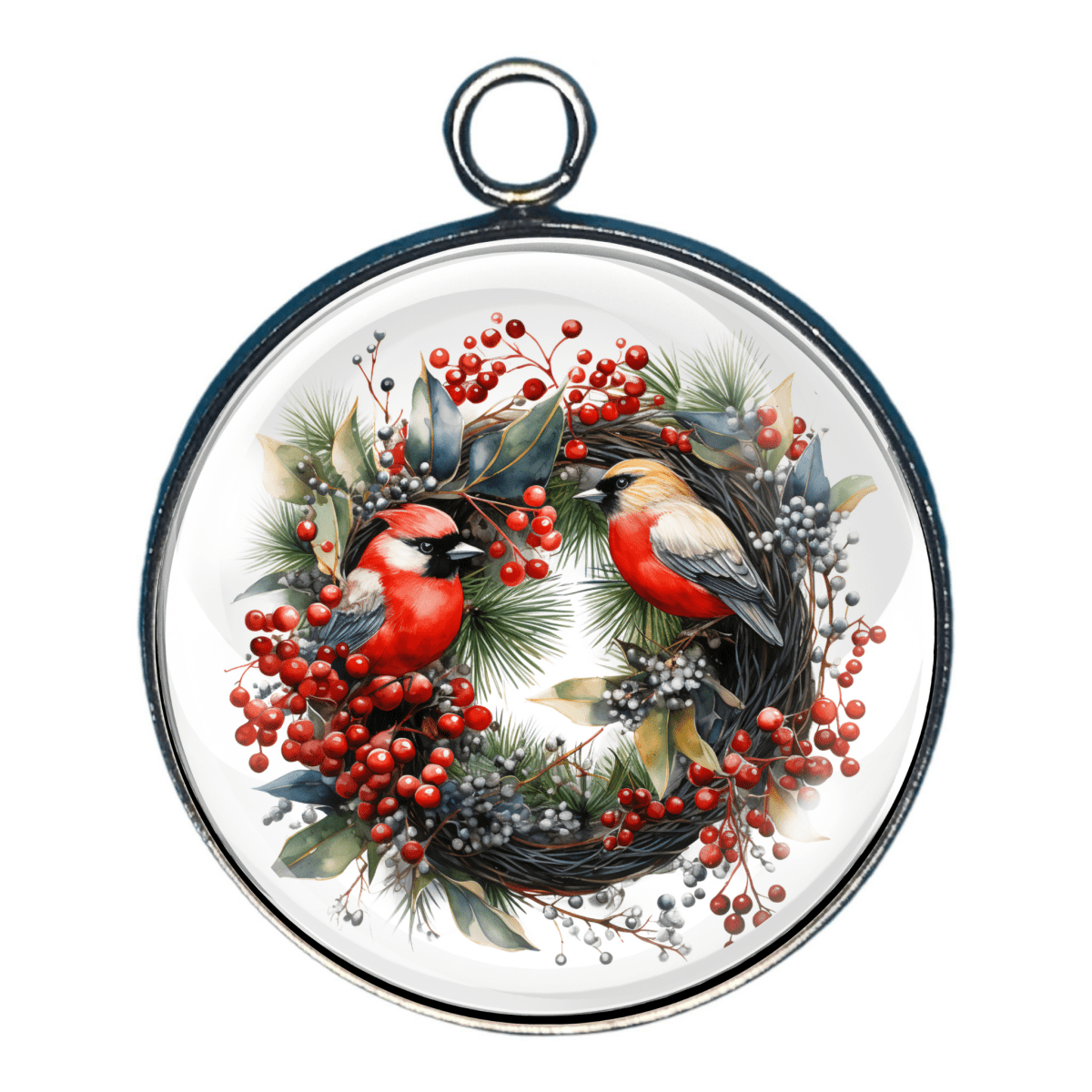 Charm with two red cardinals perched in a holly wreath.