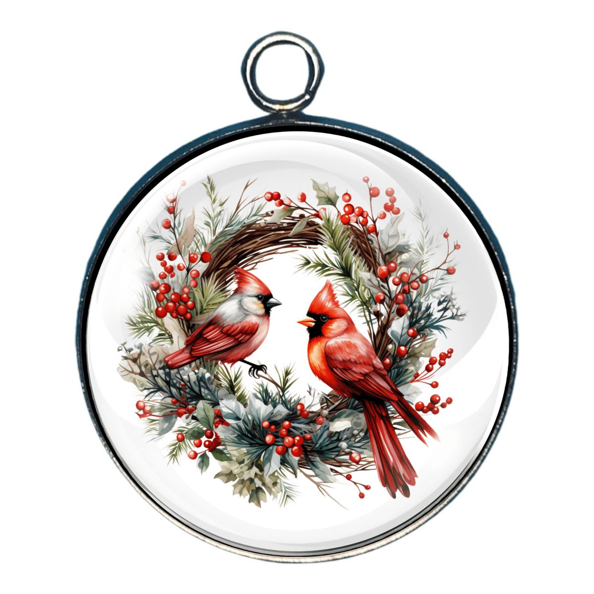 Charm with two cardinals in winter wreath with red berries.
