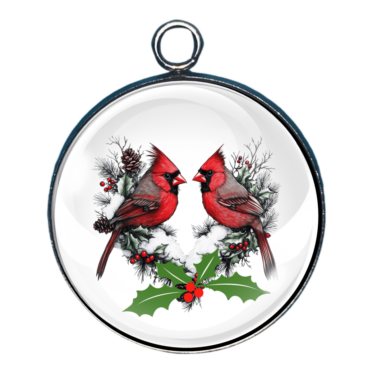 Charm with two red cardinals on holly branch with  white snow.