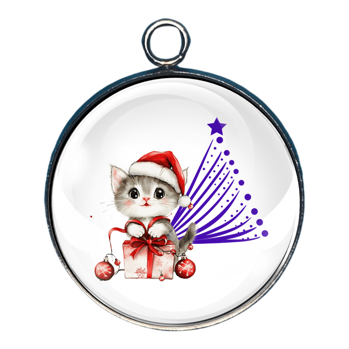 Charm with kitten wearing Santa hat sitting beside purple star tree.