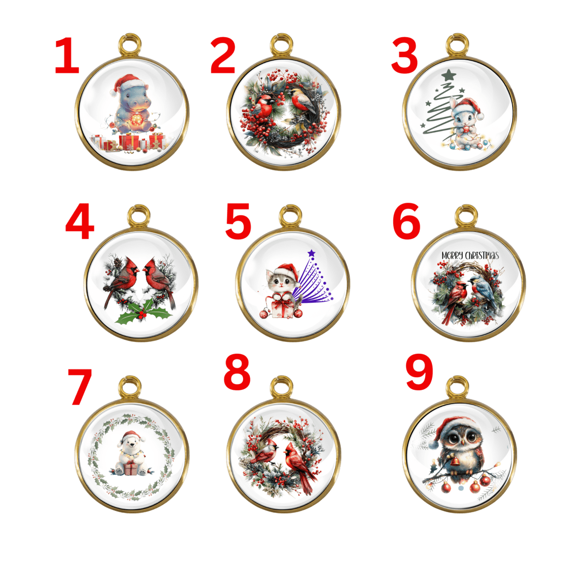 Group of 9 Christmas-themed charms featuring Santa, cardinals, kittens, and festive wreath designs.