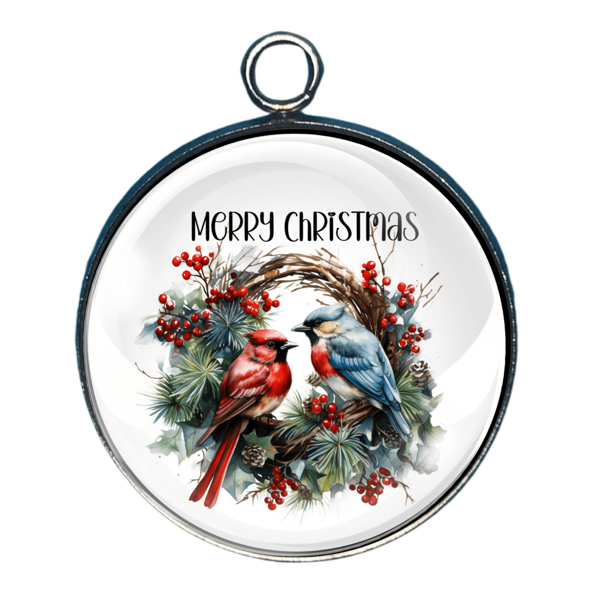 Charm with two red cardinals, pine branches, and text of Merry Christmas
