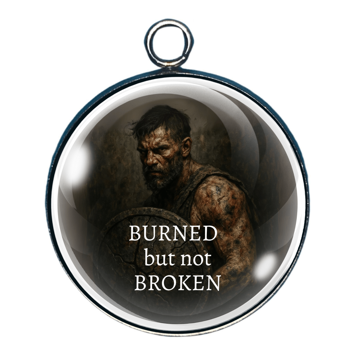 Charm of a Battle-worn man with ashes on skin and text 'BURNED but not BROKEN'