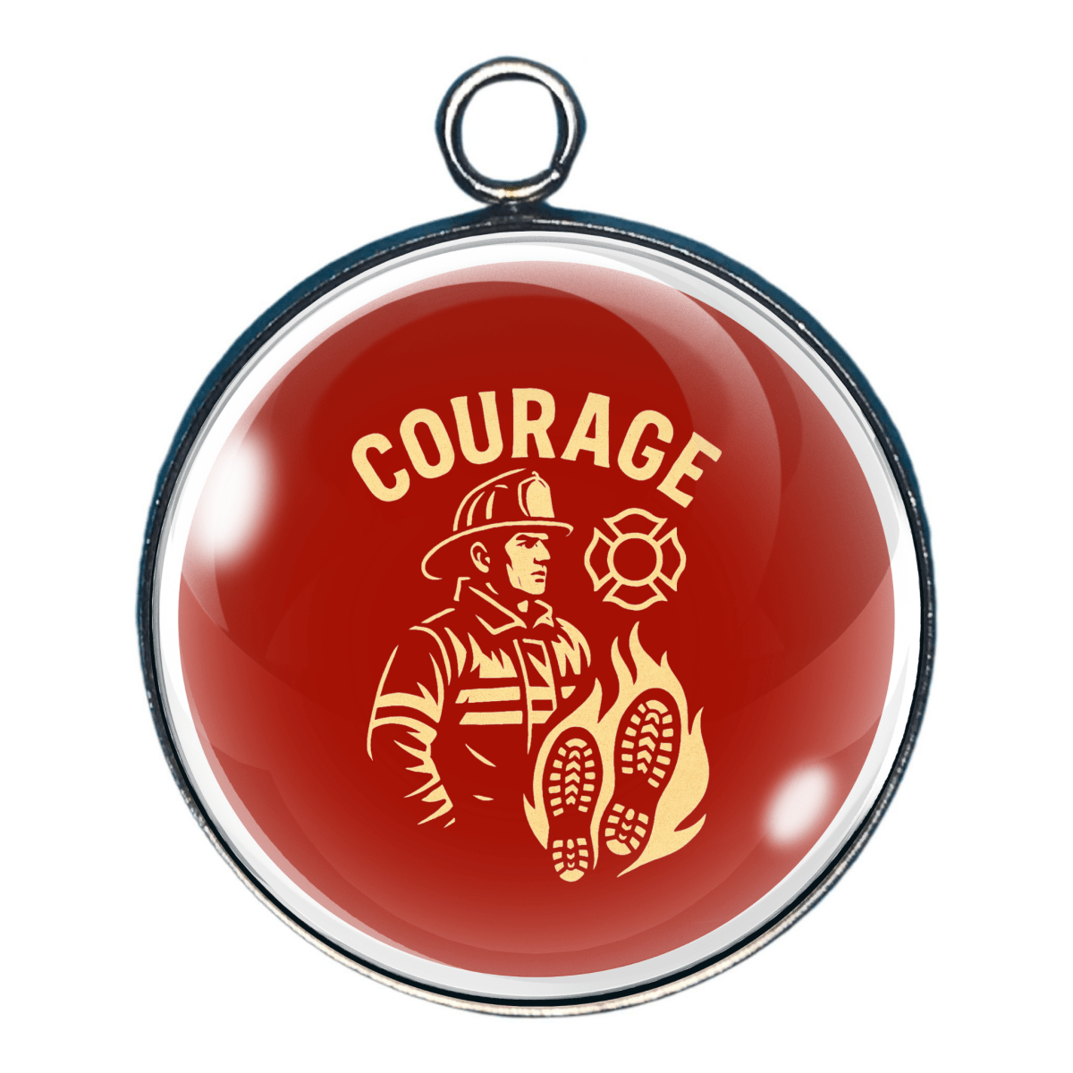 Bold red charm with a yellow firefighter figure, helmet, and large boot print and 'courage' printed on top